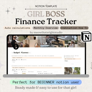 May include: A laptop screen displaying a Notion template for a finance tracker. The template is titled "Girl Boss Finance Tracker" and includes sections for budget planning, monthly overview, and instructions. The template is designed for beginner Notion users.