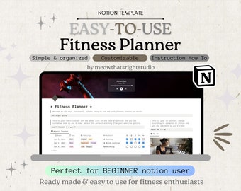 May include: A laptop screen displaying a Notion template for a fitness planner. The template is titled "Easy-to-Use Fitness Planner" and includes a calendar, mood tracker, and workout log. The text "Perfect for BEGINNER notion user" is displayed below the laptop.