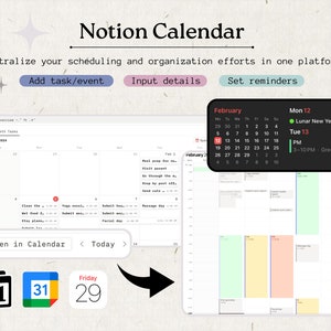 May include: A screenshot of a Notion calendar app showing a monthly view with a calendar grid and a list of tasks. The calendar is integrated with Google Calendar and shows a calendar icon with the number 31 on it. The calendar is also integrated with Apple Calendar and shows a calendar icon with the number 29 on it. The calendar is also integrated with a calendar app called "Friday" and shows a calendar icon with the number 29 on it. The calendar is also integrated with a calendar app called "Lunar New Year" and shows a calendar icon with the number 12 on it. The calendar is also integrated with a calendar app called "Tue 13" and shows a calendar icon with the number 13 on it. The calendar is also integrated with a calendar app called "3-10 PM - Green" and shows a calendar icon with the number 13 on it.
