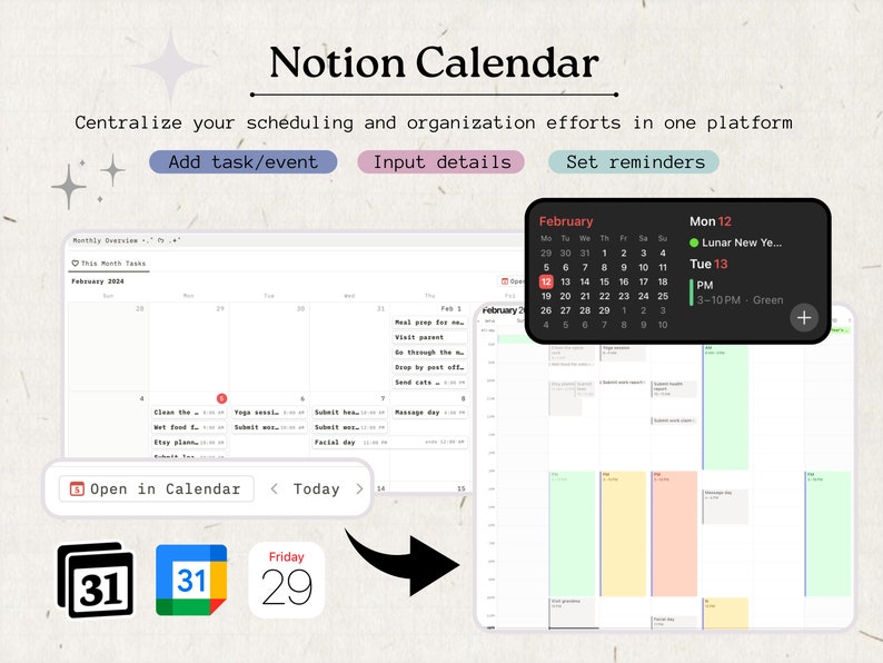 May include: A screenshot of a Notion calendar app showing a monthly view with a calendar grid and a list of tasks. The calendar is integrated with Google Calendar and shows a calendar icon with the number 31 on it. The calendar is also integrated with Apple Calendar and shows a calendar icon with the number 29 on it. The calendar is also integrated with a calendar app called "Friday" and shows a calendar icon with the number 29 on it. The calendar is also integrated with a calendar app called "Lunar New Year" and shows a calendar icon with the number 12 on it. The calendar is also integrated with a calendar app called "Tue 13" and shows a calendar icon with the number 13 on it. The calendar is also integrated with a calendar app called "3-10 PM - Green" and shows a calendar icon with the number 13 on it.