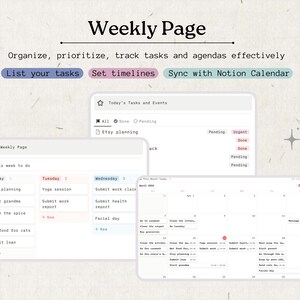 May include: A screenshot of a computer screen showing a weekly planner app with a list of tasks for the week, including "Etsy planning", "Visit grandma", "Clean the spice rack", "Wet food for cats", and "Submit loan". The app also includes a calendar view with dates and events.