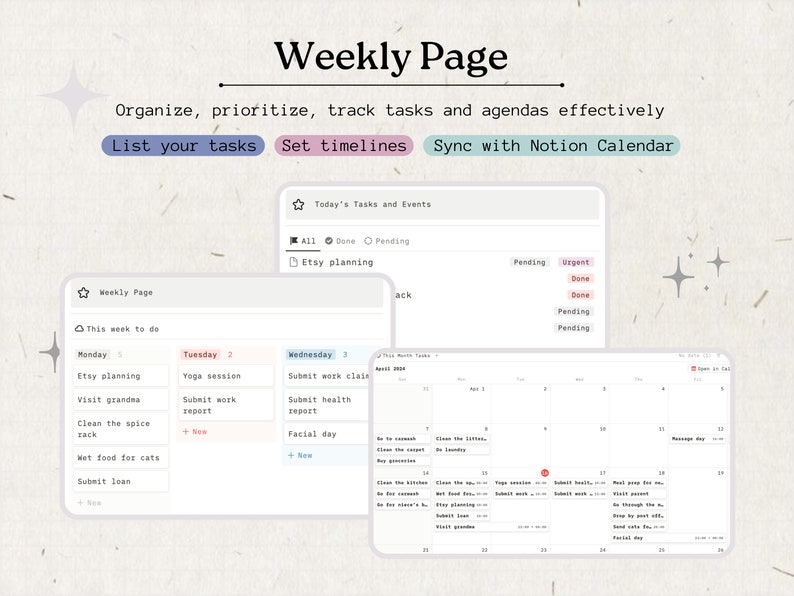 May include: A screenshot of a computer screen showing a weekly planner app with a list of tasks for the week, including "Etsy planning", "Visit grandma", "Clean the spice rack", "Wet food for cats", and "Submit loan". The app also includes a calendar view with dates and events.