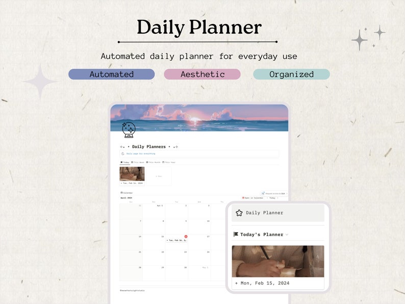 May include: A screenshot of a website for a daily planner. The website has a light blue and white color scheme and features a calendar, a to-do list, and a section for notes. The text on the website says "Daily Planners" and "Today's Planner".