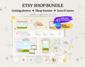 May include: A digital mockup of an Etsy shop bundle for an online store called "Olive & Pine". The bundle includes 45 editable templates for listing photos, shop banners, icons, and more. The templates are free to use with Canva.