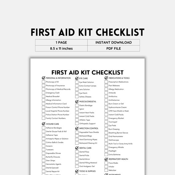 First Aid Kit, First Aid Checklist, Checklist Printable, Survival Kit,  First Aid Supply List, DIY Kit, Emergency Kit, First Aid Home, PDF 