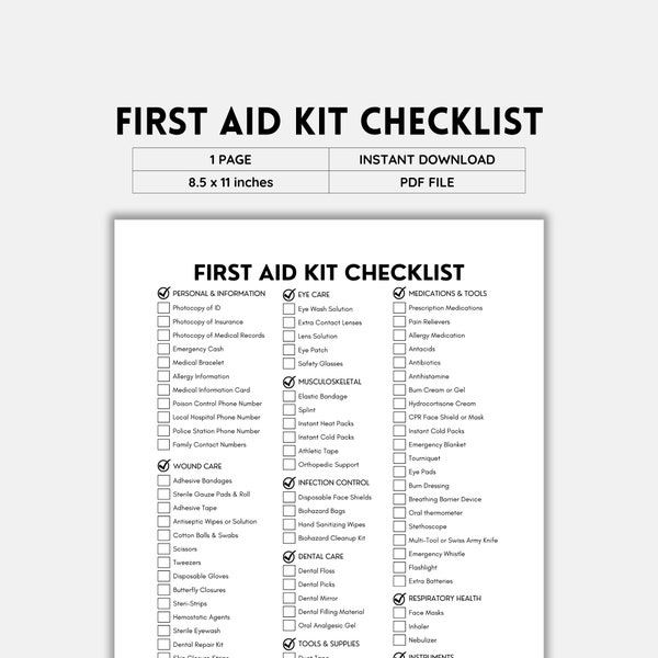 First Aid Kit, First Aid Checklist, Checklist Printable, Survival Kit, First Aid Supply List, DIY Kit, Emergency Kit, First Aid Home, PDF