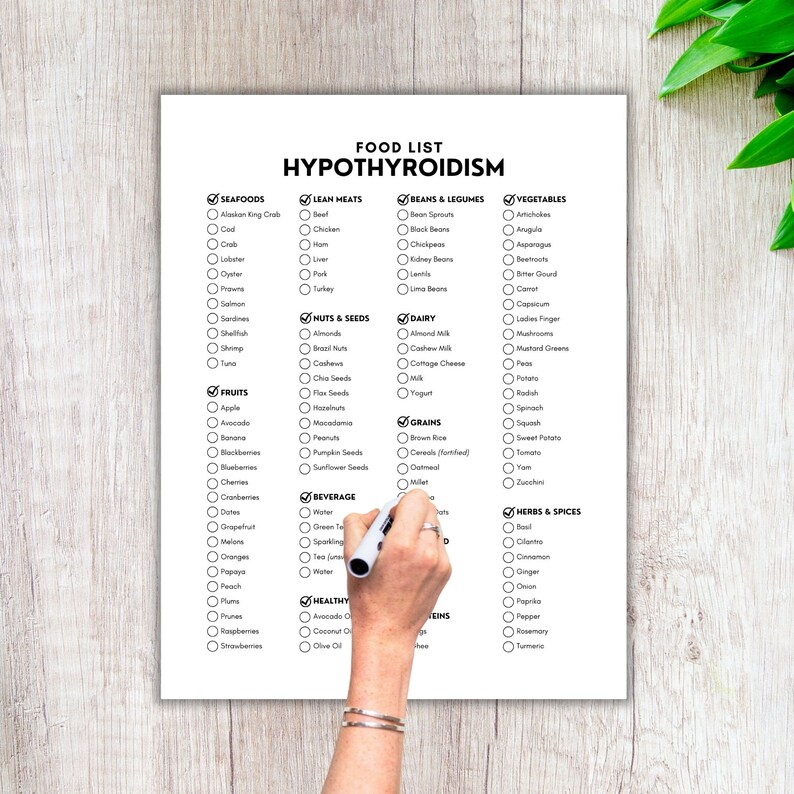 May include: A printable food list for people with hypothyroidism. The list is divided into categories such as seafood, lean meats, beans and legumes, vegetables, fruits, nuts and seeds, dairy, grains, beverages, herbs and spices. The list is checked off with a black marker.