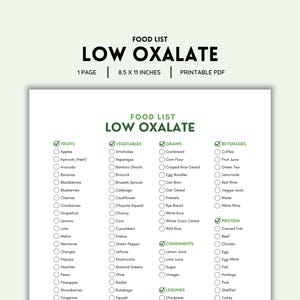 May include: A printable checklist with a green background and white text. The checklist is titled "Food List Low Oxalate" and includes categories for fruits, vegetables, grains, beverages, protein, condiments, and legumes. Each category has a list of foods with checkboxes next to them.