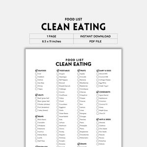 May include: A printable checklist for clean eating with a black and white design. The checklist includes categories for seafood, vegetables, fruits, dairy and eggs, condiments, beans, meats, nuts and seeds, and grains. The checklist is 8.5 inches by 11 inches and is an instant download PDF file.