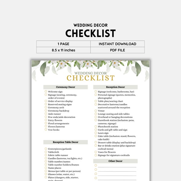 Wedding Decor Checklist, Wedding Planner, Wedding Decorations, Checklist Template, Wedding Party, Reception Decor, Checklist Printable, PDF