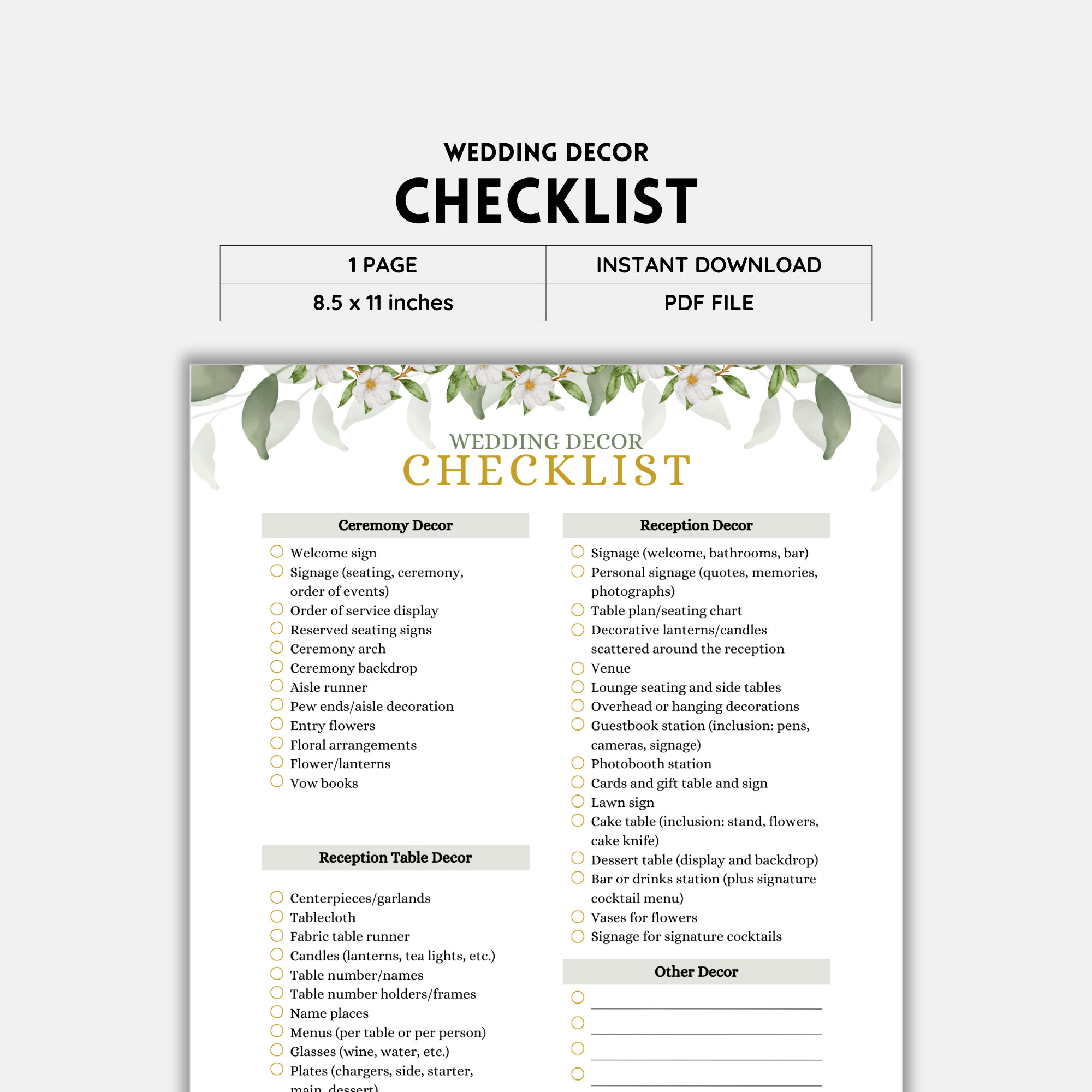 Wedding Decor Checklist, Wedding Planner, Wedding Decorations