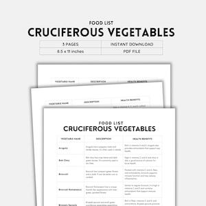 May include: A printable food list chart with the title "Cruciferous Vegetables" and a table listing the names, descriptions, and health benefits of different cruciferous vegetables, including arugula, bok choy, broccoli, broccoli romanesco, and brussels sprouts.
