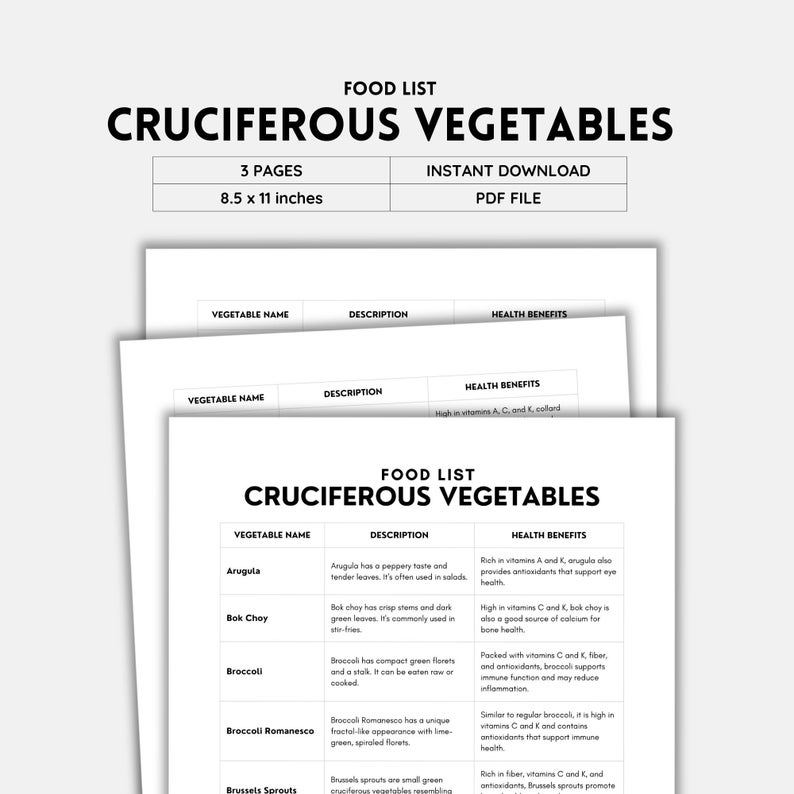 May include: A printable food list chart with the title "Cruciferous Vegetables" and a table listing the names, descriptions, and health benefits of different cruciferous vegetables, including arugula, bok choy, broccoli, broccoli romanesco, and brussels sprouts.