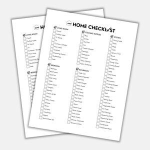 May include: A black and white checklist for cleaning a home. The checklist is divided into sections for the living room, bedroom, bathroom, kitchen, and cleaning supplies. Each section has a list of items to check off.