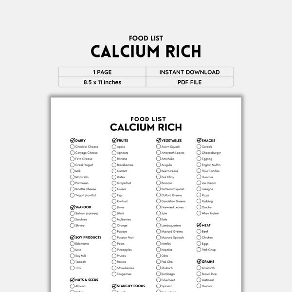 Calcium Rich Foods, Food List, Grocery List, Shopping List, Food Guide, Bone Health, Healthy Bones, Calcium Sources, Bone Density, PDF File