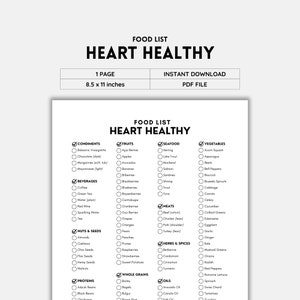 Hart gezond, Hartgezondheid, Hartziekte, Voedsellijst, Hartdieet, Boodschappenlijstje, Boodschappenlijstje, Voedselgids, Afdrukbare lijst, Voedseldagboek