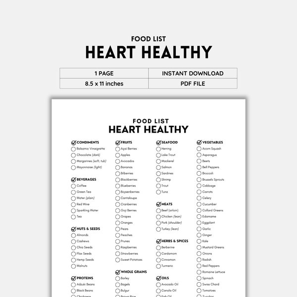 Herz gesund, Herz Gesundheit, Herzkrankheit, Lebensmittelliste, Herzdiät, Lebensmittelliste, Einkaufsliste, Lebensmittelführer, druckbare Liste, Food Journal