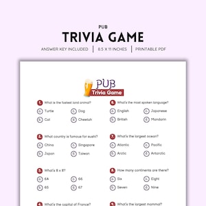 Pub Trivia Game Printable | Color PDF | Fun Trivia Questions for Parties, Friends & Family | Digital Download