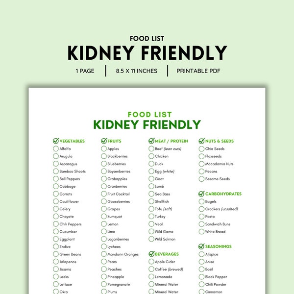 Kidney Disease, Food List, Kidney Awareness, Kidney Diet List, Low Potassium, Grocery List, Shopping List, Food Guide, List Printable, PDF