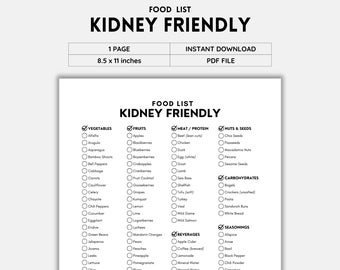 Kidney Disease, Food List, Kidney Awareness, Kidney Diet List, Low Potassium, Grocery List, Shopping List, Food Guide, List Printable, PDF