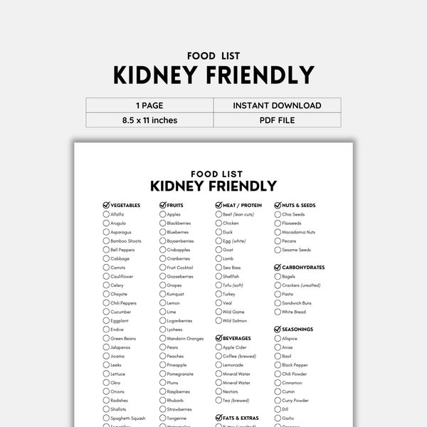 Kidney Disease, Food List, Kidney Awareness, Kidney Diet List, Low Potassium, Grocery List, Shopping List, Food Guide, List Printable, PDF