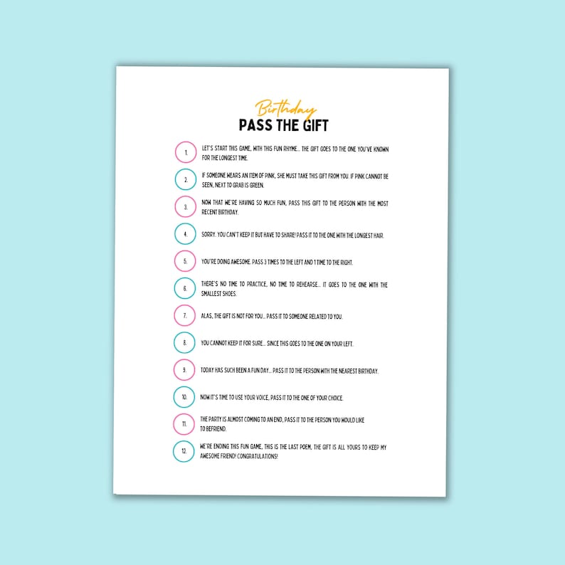 PRINTABLE Birthday Pass the Gift Game Pass the Prize Game Gift Passing Poem Rhyme Game PRINTABLE Birthday Pass the Gift Game Pass the Prize Game Gift Passing Poem Rhyme Game