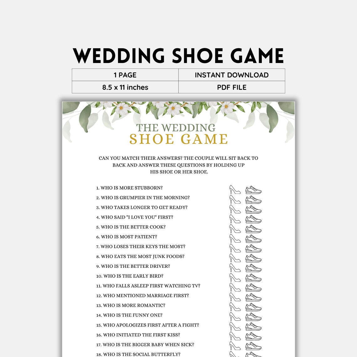 PRINTABLE Wedding Shoe Game Wedding Games Bridal Shower Etsy