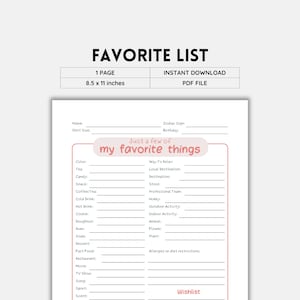 Favoritenliste, Lernen Sie Sie kennen, Lieblingssachen, Meine Lieblingssachen, Lieblingssachenliste, Meine Favoriten, Wunschliste, Namensliste, PDF-Datei