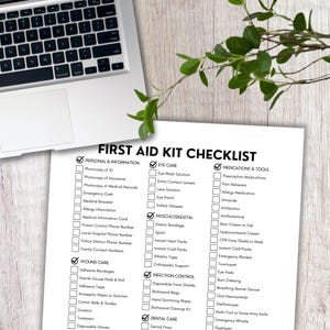 Kit di pronto soccorso, Lista di controllo del pronto soccorso, Lista di controllo stampabile, Kit di sopravvivenza, Elenco delle forniture di pronto soccorso, Kit fai da te, Kit di emergenza, Pronto soccorso a domicilio, PDF