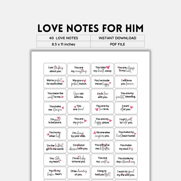 Love Notes For Him, Printable Love Notes Card, Mini Love Messages, Reasons I Love You, I Love You Card, Small Note Cards, Love Cards For Him