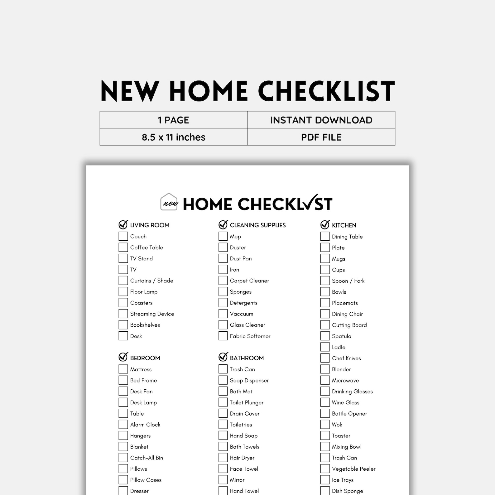 New Home Checklist, First Apartment Checklist, Moving Checklist, First