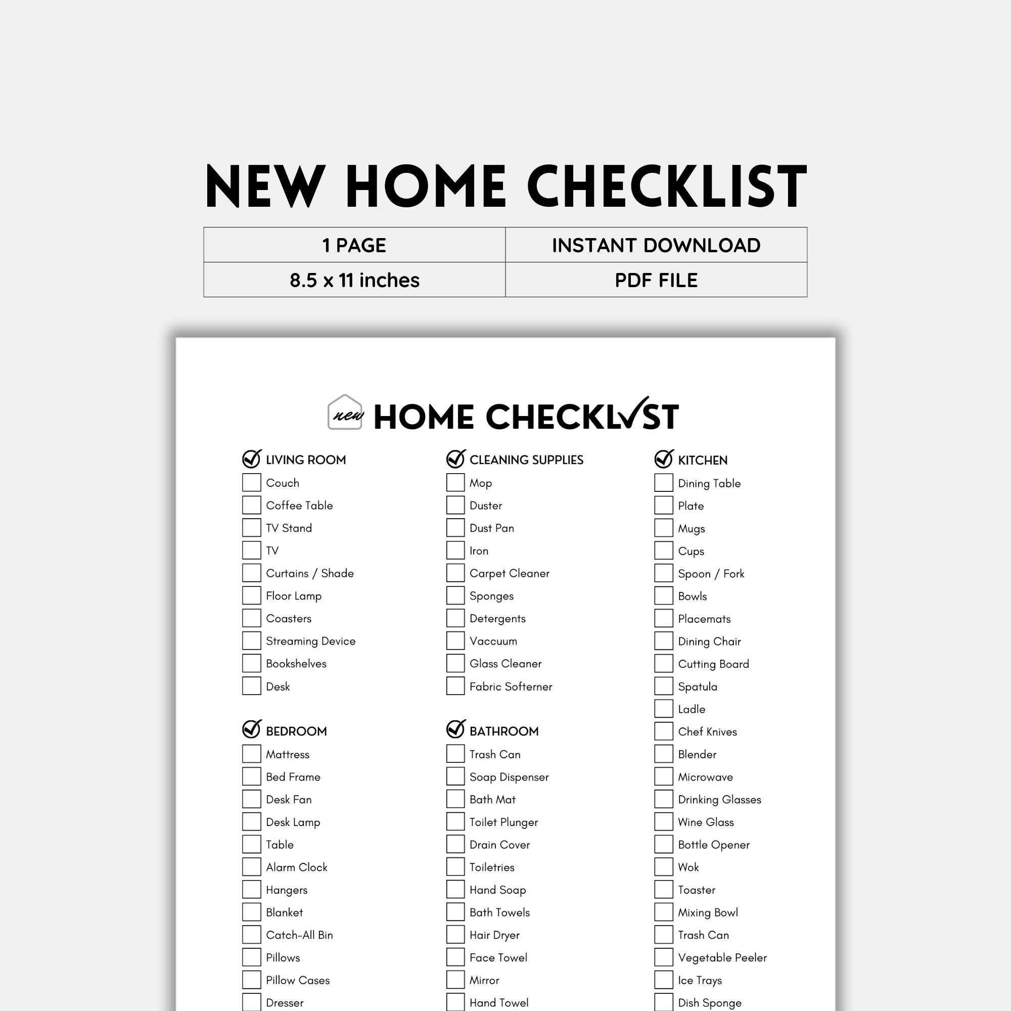 First Apartment Checklist | New Home Checklist | New Home Essentials  Checklist | Instant Download | PDF