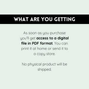 K&ouml;nnte beinhalten: Text auf hellblauem Hintergrund, der "WHAT ARE YOU GETTING" in Schwarz lautet. Unter dem Text steht: "Sobald Sie kaufen, erhalten Sie Zugriff auf eine digitale Datei im PDF-Format. Sie k&ouml;nnen sie zu Hause ausdrucken oder an einen Copyshop senden. Es wird kein physisches Produkt versandt."