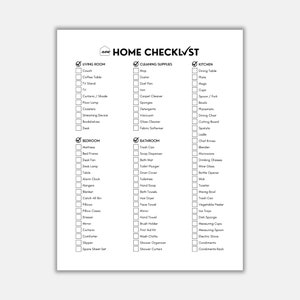 May include: A black and white checklist for cleaning a home. The checklist is divided into sections for the living room, kitchen, bedroom, bathroom, and cleaning supplies. Each section has a list of items to clean or check.