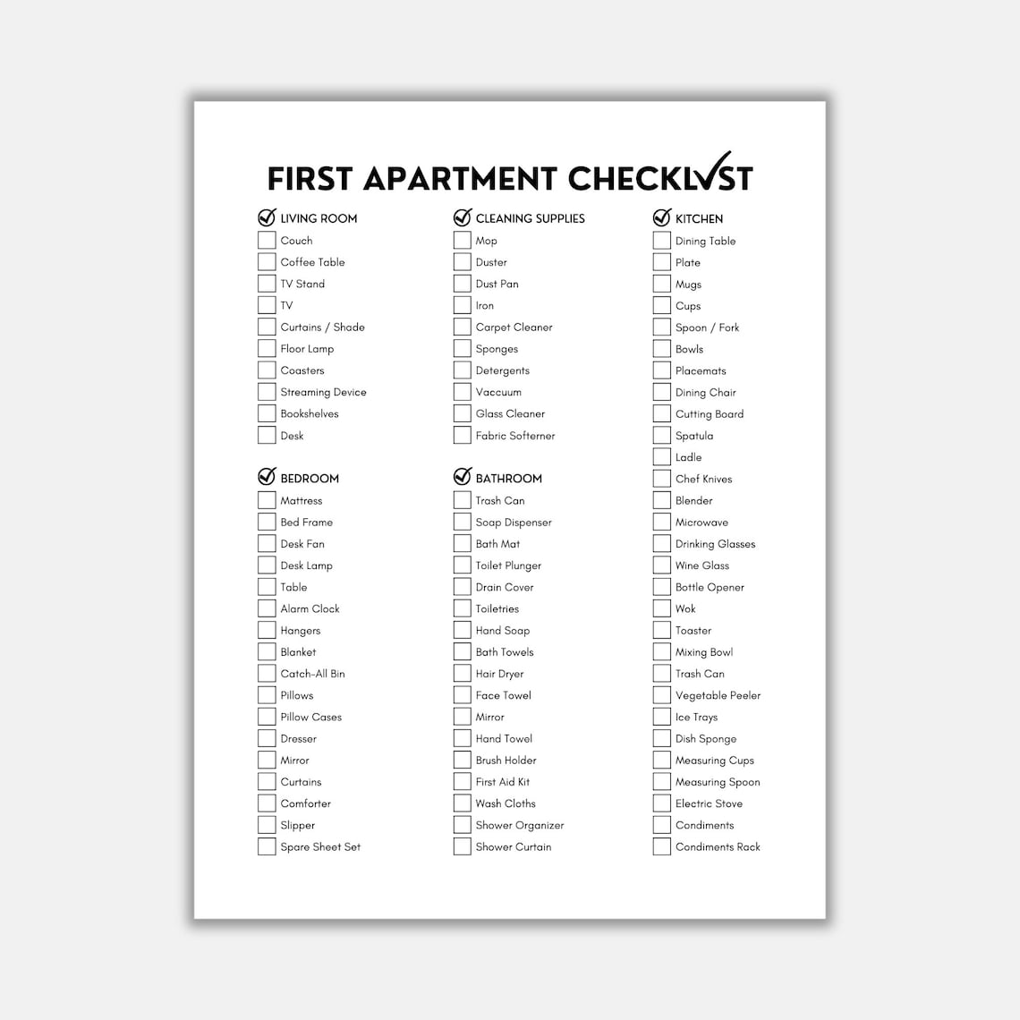 First Apartment Checklist, New Home Checklist, Moving Checklist, Apartment Essentials, First
