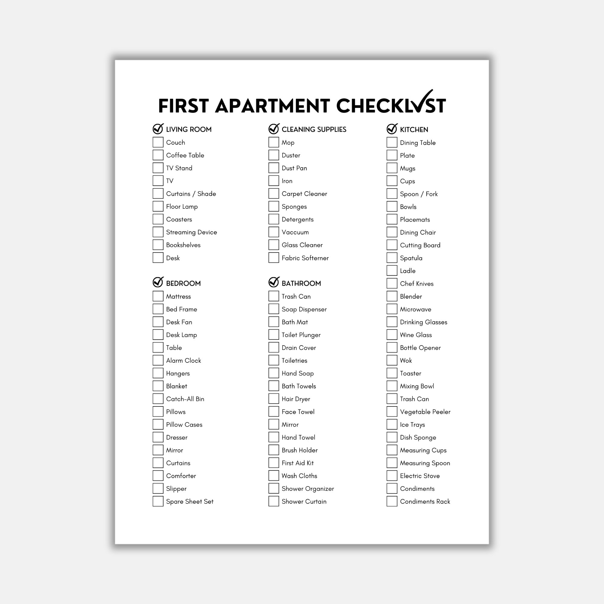 First Apartment Checklist, New Home Checklist, Moving Checklist, Apartment Essentials, First