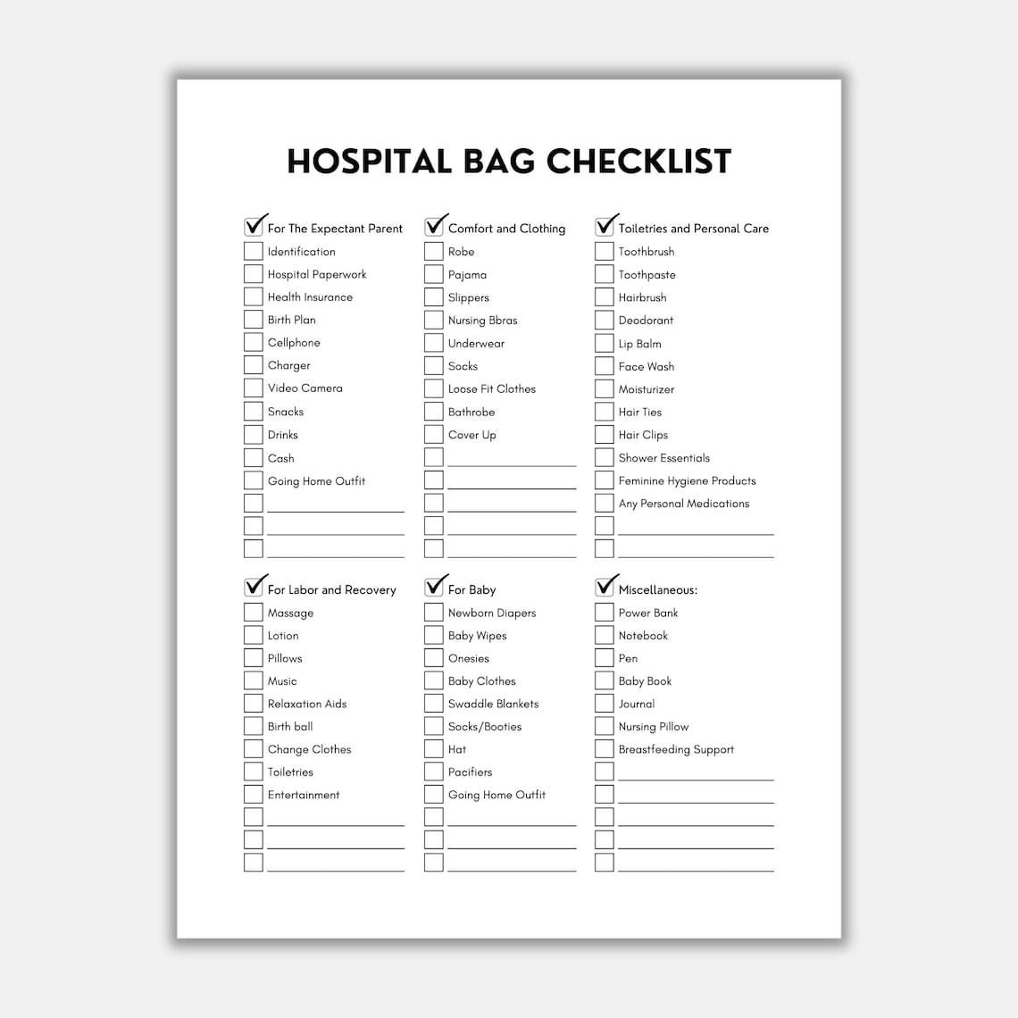 Hospital Bag Checklist, Packing Checklist, Hospital Bag for Mom, Mom Hospital Bag, Baby Hospital
