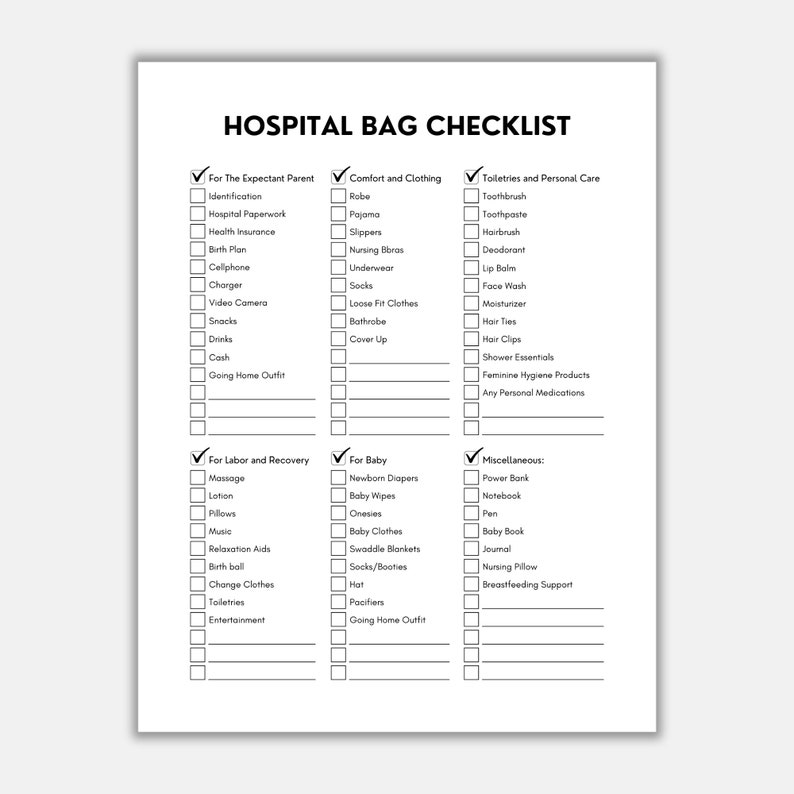 Hospital Bag Checklist, Packing Checklist, Hospital Bag for Mom, Mom