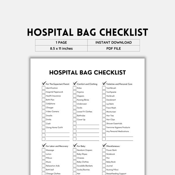 Hospital Bag Checklist, Packing Checklist, Hospital Bag For Mom, Mom Hospital Bag, Baby Hospital Bag, Mommy Bag, Hospital Stay, PDF Download
