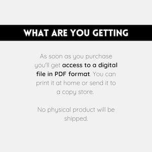 Puede incluir: Texto sobre un fondo blanco que dice "WHAT ARE YOU GETTING" seguido de una descripci&oacute;n de lo que recibir&aacute; al comprar el producto digital. El texto dice: "Tan pronto como compre, obtendr&aacute; acceso a un archivo digital en formato PDF. Puede imprimirlo en casa o enviarlo a una copister&iacute;a. No se enviar&aacute; ning&uacute;n producto f&iacute;sico."
