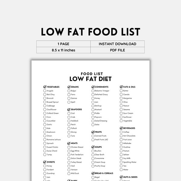 Low Fat Diet, Food List, Low Fat Foods, Grocery List, Shopping List, Food Guide, List Printable, Food Journal, Grocery List PDF, Low Fat PDF