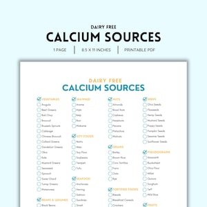 Liste d&#39;aliments sources de calcium sans produits laitiers imprimable | PDF couleur | Aliments faciles à base de calcium à base de plantes | Téléchargement numérique