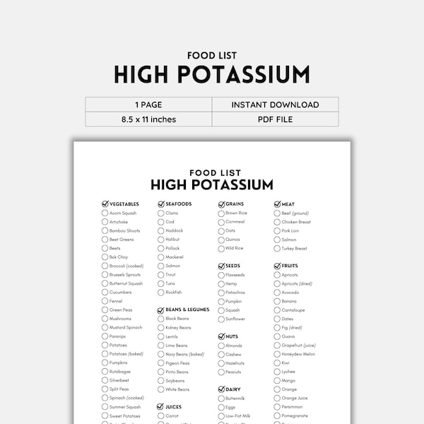 High Potassium, Food List, Potassium Foods, Potassium Rich Foods, Grocery List, Shopping List, Food Guide, Food Journal, What To Eat, PDF