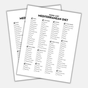 May include: A printable checklist of foods to eat on the Mediterranean diet. The list is divided into categories: fruits, vegetables, legumes, whole grains, herbs & spices, proteins, nuts & seeds, healthy fats, dairy, beverages, and sweets.