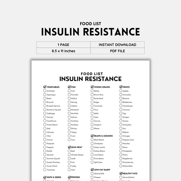 Insulin Resistance, Insulin Resistance Diet, Food List, Grocery List, Shopping List, Food Guide, List Printable, Food Journal, PDF Download