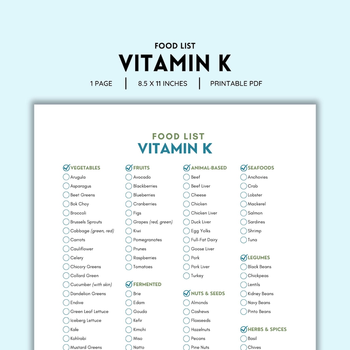 Vitamin K Food List Printable | Color PDF | Easy Vitamin K-rich Foods ...
