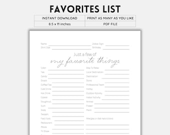 Favorite List, Get To Know You, Favorite Things, My Favorite Things, Favorite Things List, My Favorites, Favorites Survey, Instant Download