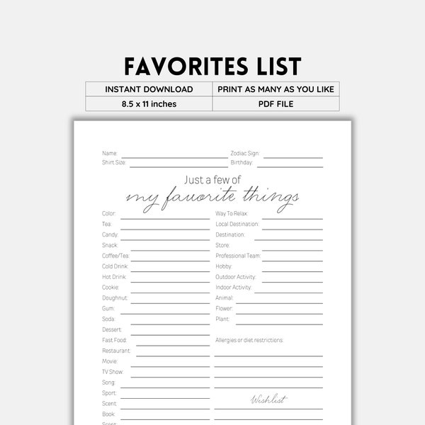 Favorite List, Get To Know You, Favorite Things, My Favorite Things, Favorite Things List, My Favorites, Favorites Survey, Instant Download