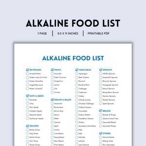Liste d'aliments alcalins, liste d'épicerie, herbes alcalines, liste de courses, liste d'aliments, liste d'aliments pour diabétiques, aliments à faible teneur en glucides, guide alimentaire, PDF imprimable
