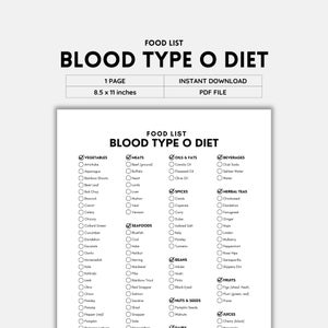 以下が含まれることがあります： 「BLOOD TYPE O DIET」と題された、白黒印刷可能な食品リスト。野菜、肉、油と脂肪、スパイス、シーフード、豆、ナッツと種子、乳製品、飲料、ハーブティー、果物、ジュースが含まれています。ドキュメントのサイズは21.59 x 27.94 cmです。